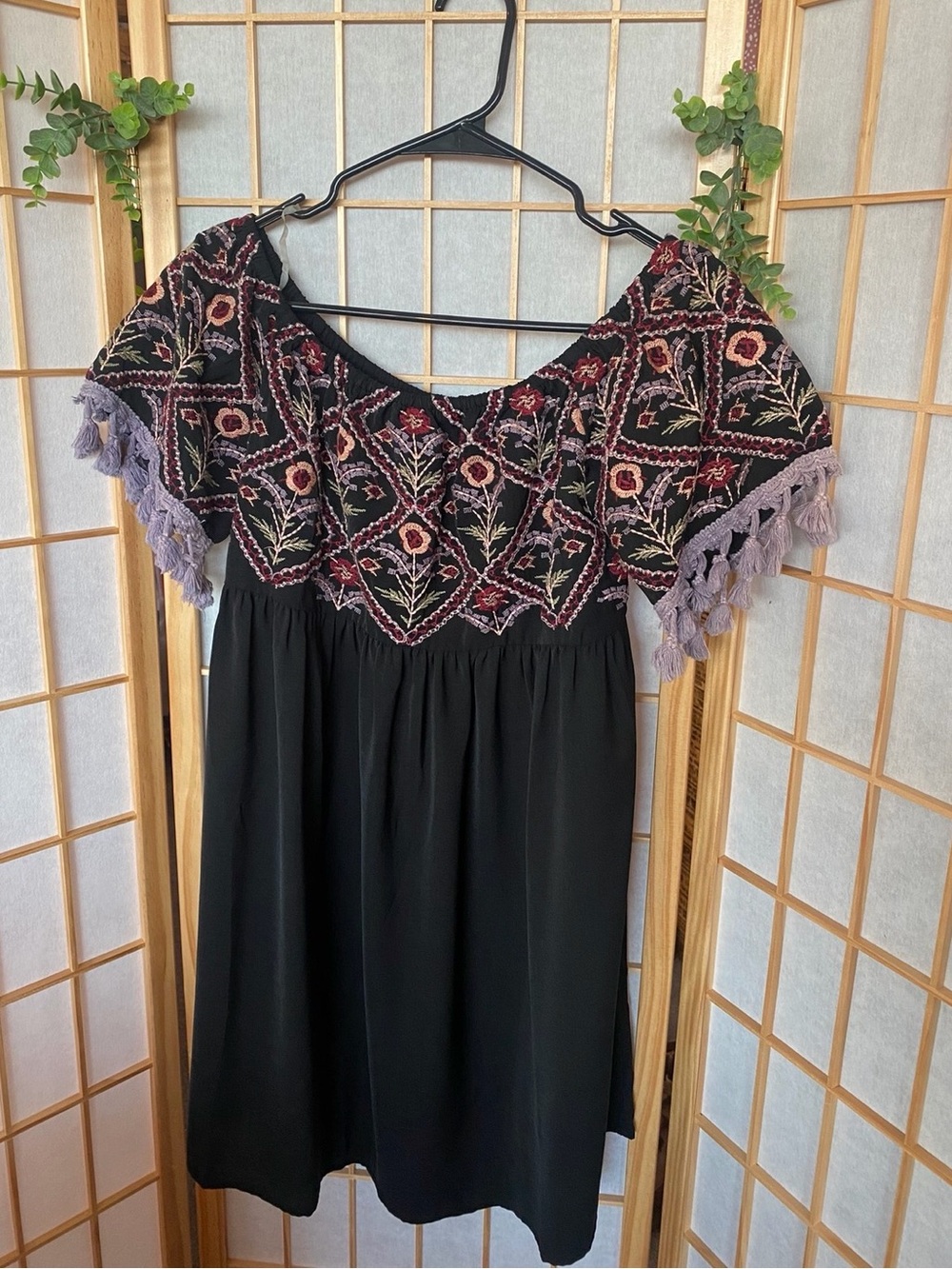 entro Black Mini Dress with Floral Embroidered Yoke and Lavender Tassels